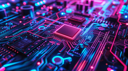 Fototapeta na wymiar Macro shot of a high-tech circuit board with dynamic blue and pink lighting, symbolizing sophisticated electronics.