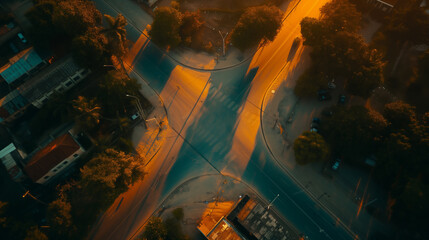 The aerial view captures the quiet beauty of city streets at twilight, with the warm glow of the sunset casting long shadows.