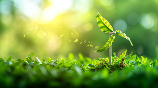 A creative concept of a wind turbine with leaves for blades, standing amidst a vibrant green background, representing renewable energy.