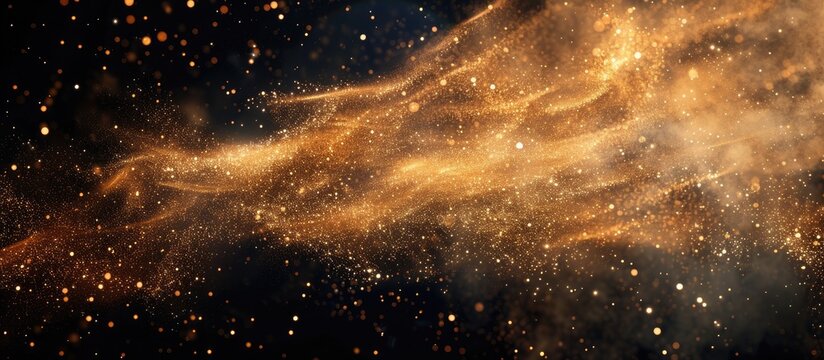 A mesmerizing scene unfolds as gold stars and dust particles swirl against a striking black background, creating a captivating flight through the night sky. - Powered by Adobe