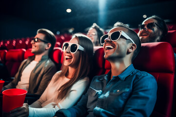 Laughing people in a cinema watching a movie with 3D glasses