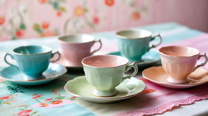 Colorful teacups lay on a table with a tablecloth. Generative AI.

