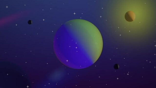Abstract rotating red planet in haze. Abstract space concept. Blue glowing spinning abstract sphere. 4K loop animation.
