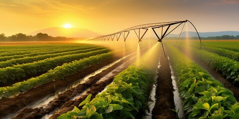 agricultural irrigation as sprinklers nourishes the fertile farmland in background of beautiful sunset sky - obrazy, fototapety, plakaty