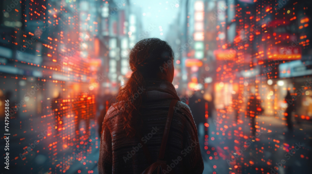 Aufkleber a person walking through a virtual financial district created through a combination of holographic p