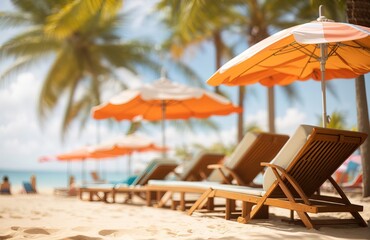 Lounge chairs with sun umbrellas on the beach