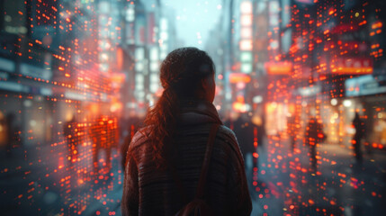 A person walking through a virtual financial district created through a combination of holographic projections and augmented reality. The district is filled with floating