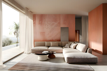 modern minimalist living room, trendy powdery, terracotta wall color, interior design, color palette