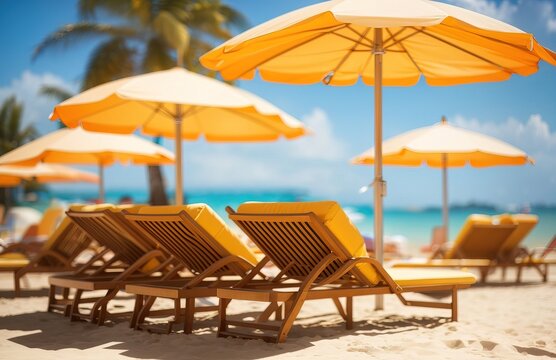 Lounge chairs with sun umbrellas on the beach
