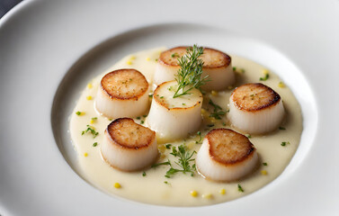 Grilled scallops with creamy lemon spicy sauce and herbs on black background