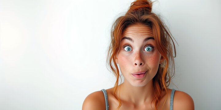 Funny young red haired woman with blue eyes and freckles makes Silly Face in front of Grey Background. Image for Marketing, Sale, Promotion or Advertising Campaign.