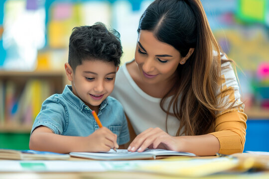 female teacher helps elementary boy with his work in classroom