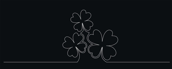 Clovers flower banner for Saint Patrick day - good lucky symbol, single line. Vector stock minimalism illustration isolated on black background for design template invitation frame. Editable stroke