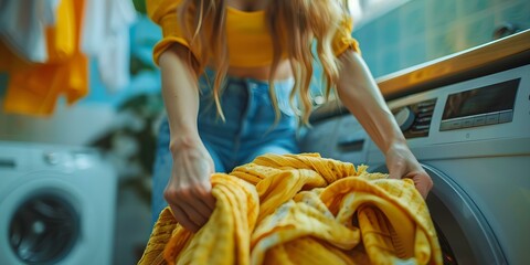 Woman doing laundry: closeup of loading clothes into washing machine. Concept Domestic Chores, Laundry Day, Washer Machine, Household Tasks, Close-up Shot