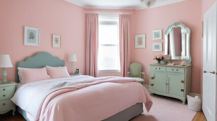 Magical bedroom in rose powder colors, generative AI

