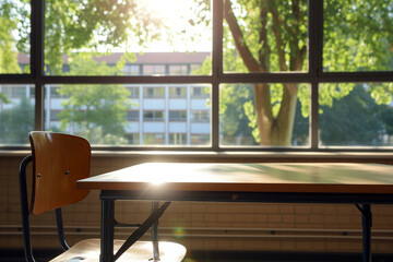 wooden table and chairs in a classroom next to a big windows