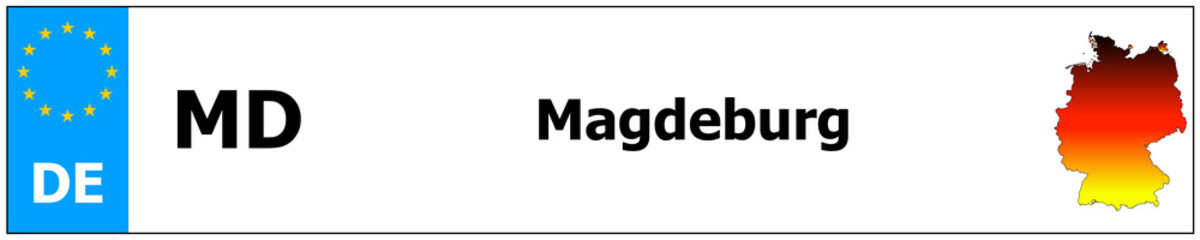 Magdeburg car licence plate sticker name and map of Germany. Vehicle registration plates frames German number