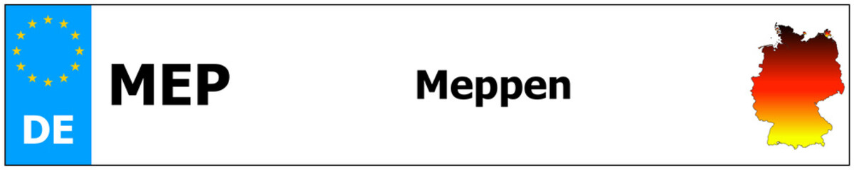 Meppen car licence plate sticker name and map of Germany. Vehicle registration plates frames German number