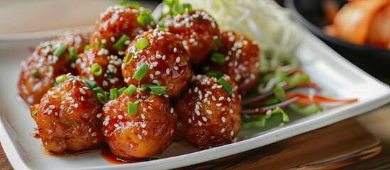 A white plate filled with savory Korean-style meatballs drenched in a rich and fragrant sauce. The meatballs are the main focus, cooked to perfection and ready to be enjoyed.