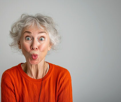 Funny Elderly Senior Woman with red shirt makes Silly Face in front of Grey Background. Image for Marketing, Sale, Promotion or Advertising Campaign.