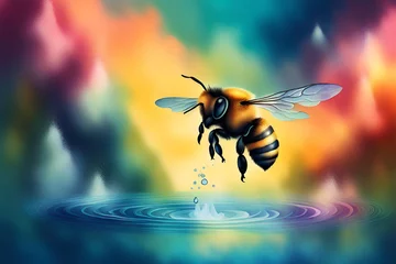 Rolgordijnen Water color design with flying bee. bee on color art background © superbphoto95