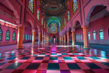 The Vibrant Color of Shah Alam Mosque Salahuddin Abdul Aziz Shah mosque during dramatic, copy space - generative ai