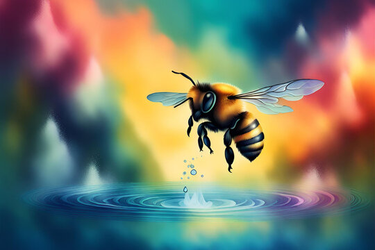 Water color design with flying bee. bee on color art background