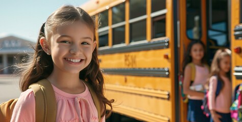 Smiling Schoolgirl with Backpack and Bus in Background Generative AI