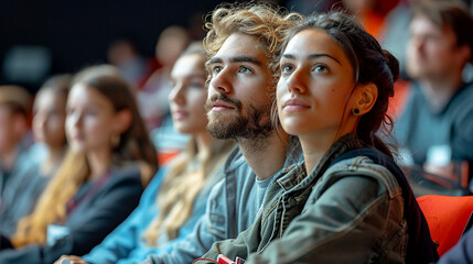 A group of listeners in the audience at a scientific lecture about innovative discoveries in science