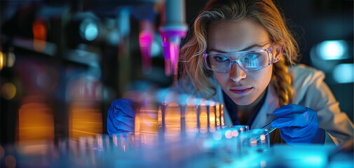 a woman in a science laboratory conducts experiments with chemical instruments and equipment. Innovation in the scientific world. Copy space