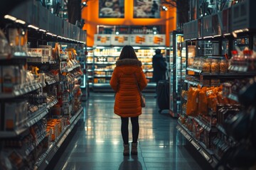Female shopper in orange coat browsing grocery aisles for food products in supermarket setting
