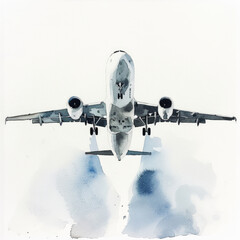 Minimalist Watercolor Painting of Aircraft in Flight Against a Blank Background