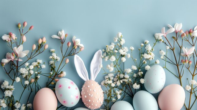 A serene Easter composition with decorated pastel eggs and paper bunny ears amidst floral accents on a calming blue background