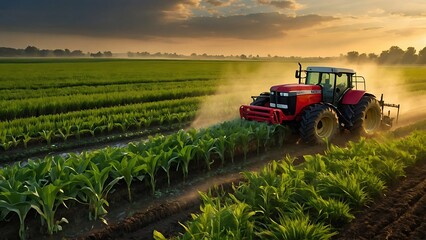 Fototapeta premium A vintage blue tractor tills a vast field of yellow flowers at sunset. Dust rises from the disturbed earth as the tractor works, creating a dramatic scene