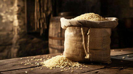 Rice sack on wooden table - obrazy, fototapety, plakaty