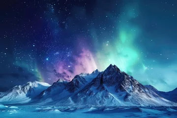 Poster a stunning sight of the Northern Lights dancing across mountains covered in snow during a starry winter night.  © Muhammad
