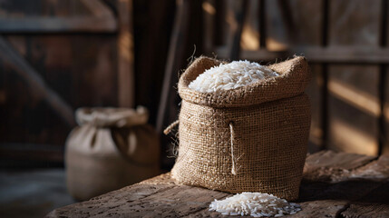 Rice sack on wooden table - obrazy, fototapety, plakaty