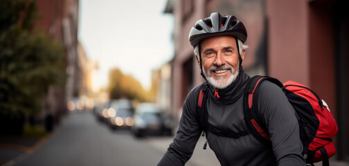 Senior cyclist riding a bicycle in city. Portrait of a handsome elderly sportsman.