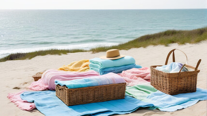Fototapeta na wymiar Picnic basket on the beach. Sea in the background, generative AI
