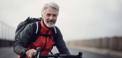 Senior cyclist riding a bicycle in nature. Portrait of a handsome elderly sportsman.