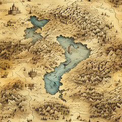 Illustration, fantasy maps, aged paper, candlelight, adventurous mood, detailed topography.