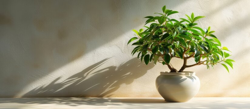 A potted Ficus microcarpa tree, also known as a Chinese banyan, is placed on a table against a wall. The lush green leaves of the plant provide a refreshing touch to the indoor space.