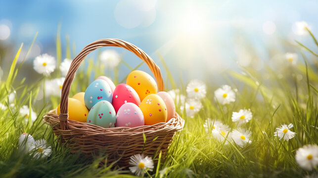 Background with easter eggs in the basket