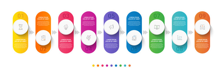 Business vector infographic design template. Circle timeline with icons and 9 nine arrows or steps. Used for process diagram, presentations, workflow layout, info graph, banner, flow chart