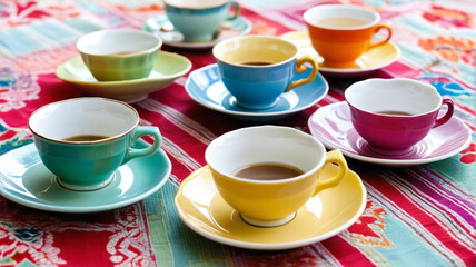 Fototapeta premium Porcelain cups filled with delicious coffee. Pastel background. generative AI