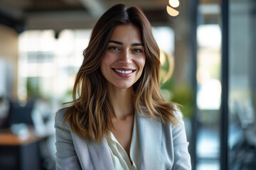 Obraz premium Photo of a successful businesswoman with a warm and friendly smile, wearing light and fashionable business attire in an open and airy office environment