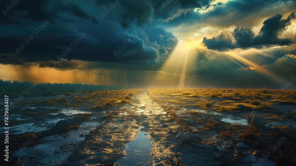 Poster a path through a devastated landscape is illuminated by sunlight as rays of the clear, calm sky are 