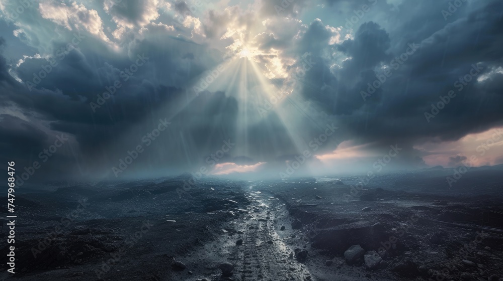 Poster a calm, clear sky visible through a break in storm clouds, with rays of sunlight illuminating a path