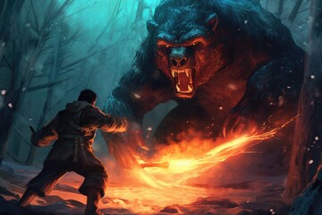 Obraz premium man with a flamethrower fighting with a demon bear