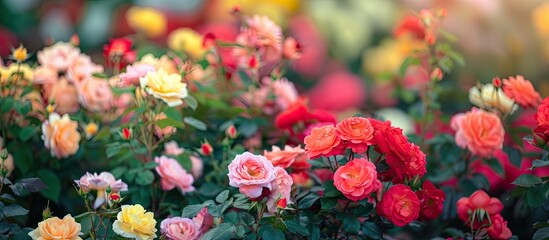 Fototapeta premium A variety of flowers in different colors bloom beautifully in a garden, creating a vibrant and diverse display of natures beauty.